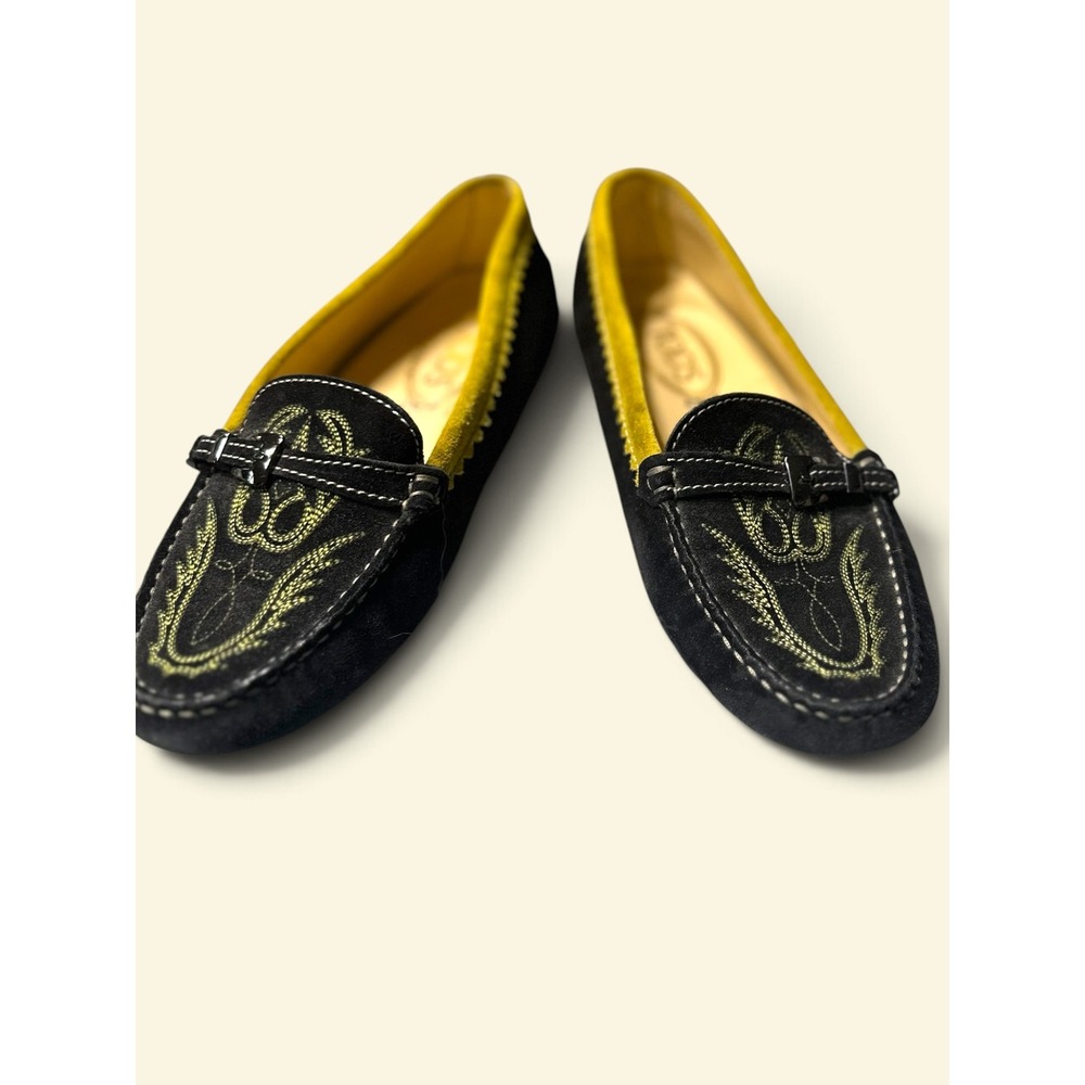 Tod's Driving Loafers Size 8.5 Black Yellow Suede Embroidered Made Gommino Italy